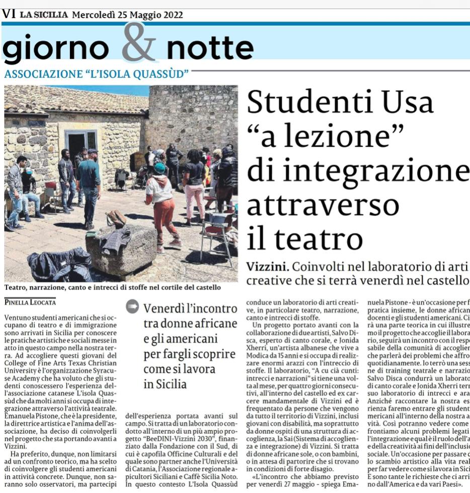 “Studenti Usa a lezione di Integrazione grazie al Teatro” – La Sicilia